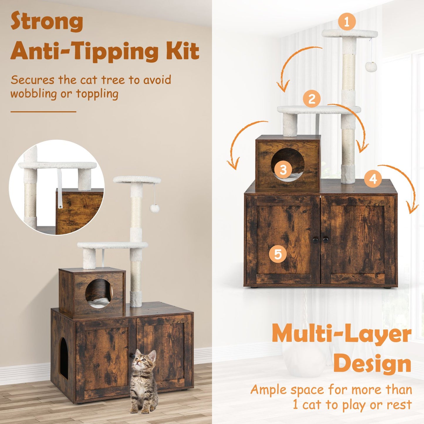 Cat Litter Box Enclosure with Cat Tree and Kitty Condo