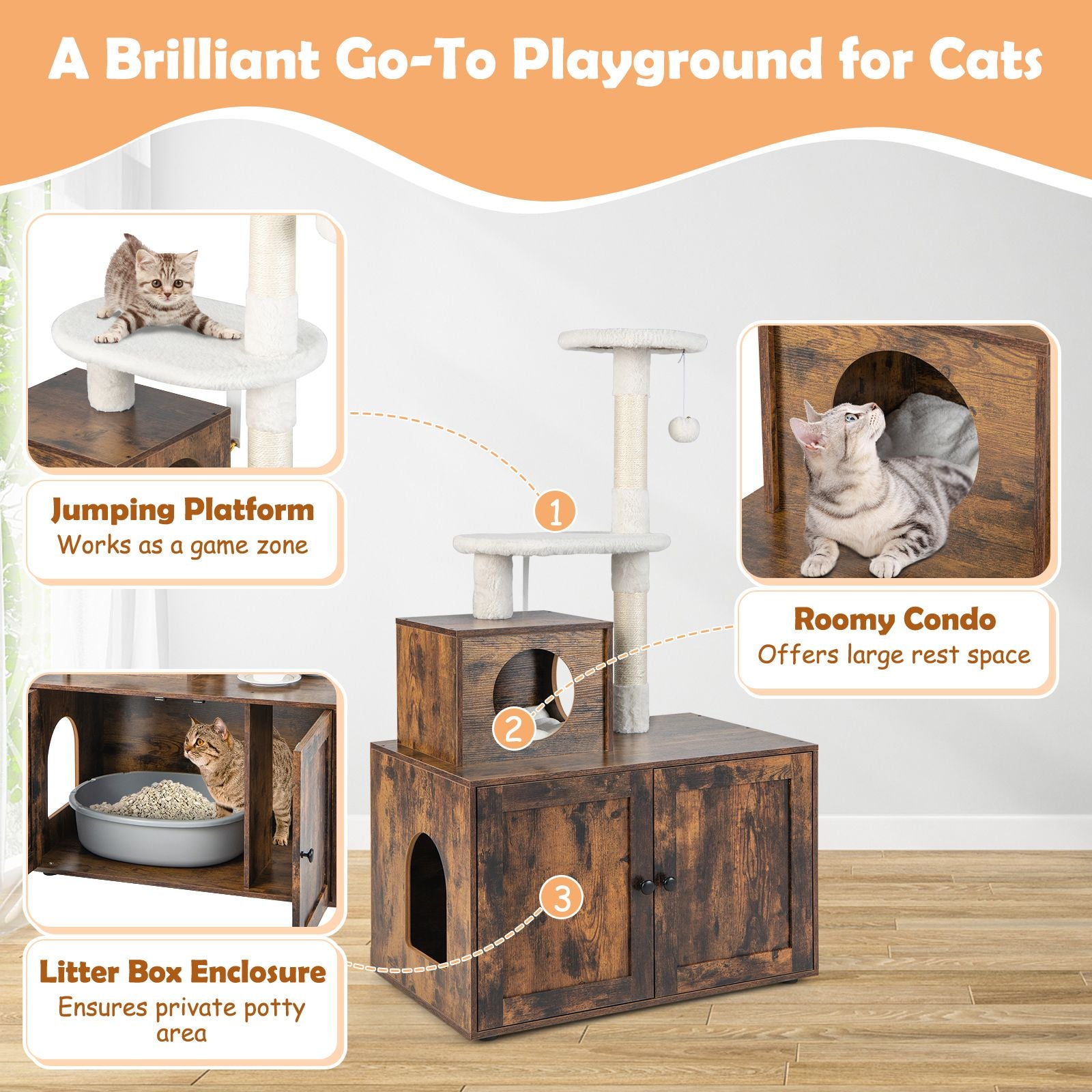 Cat Litter Box Enclosure with Cat Tree and Kitty Condo