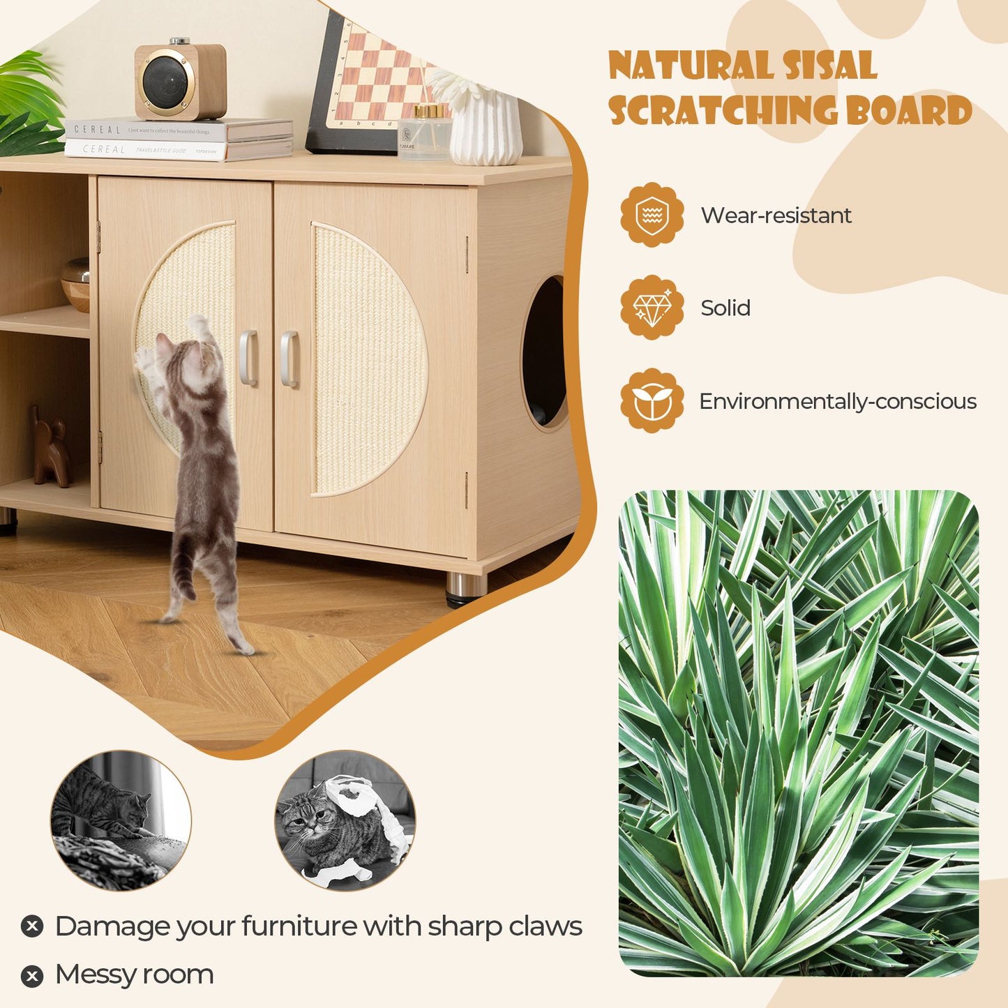 Cat Litter Box Enclosure with Sisal Scratching Doors and Adjustable Metal Feet