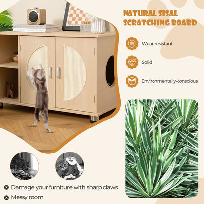 Cat Litter Box Enclosure with Sisal Scratching Doors and Adjustable Metal Feet