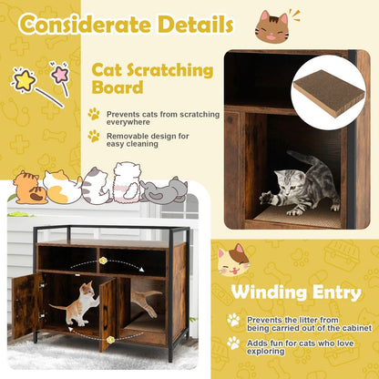 Wooden Cat Litter Box Enclosure with Compartments and Scratching Board