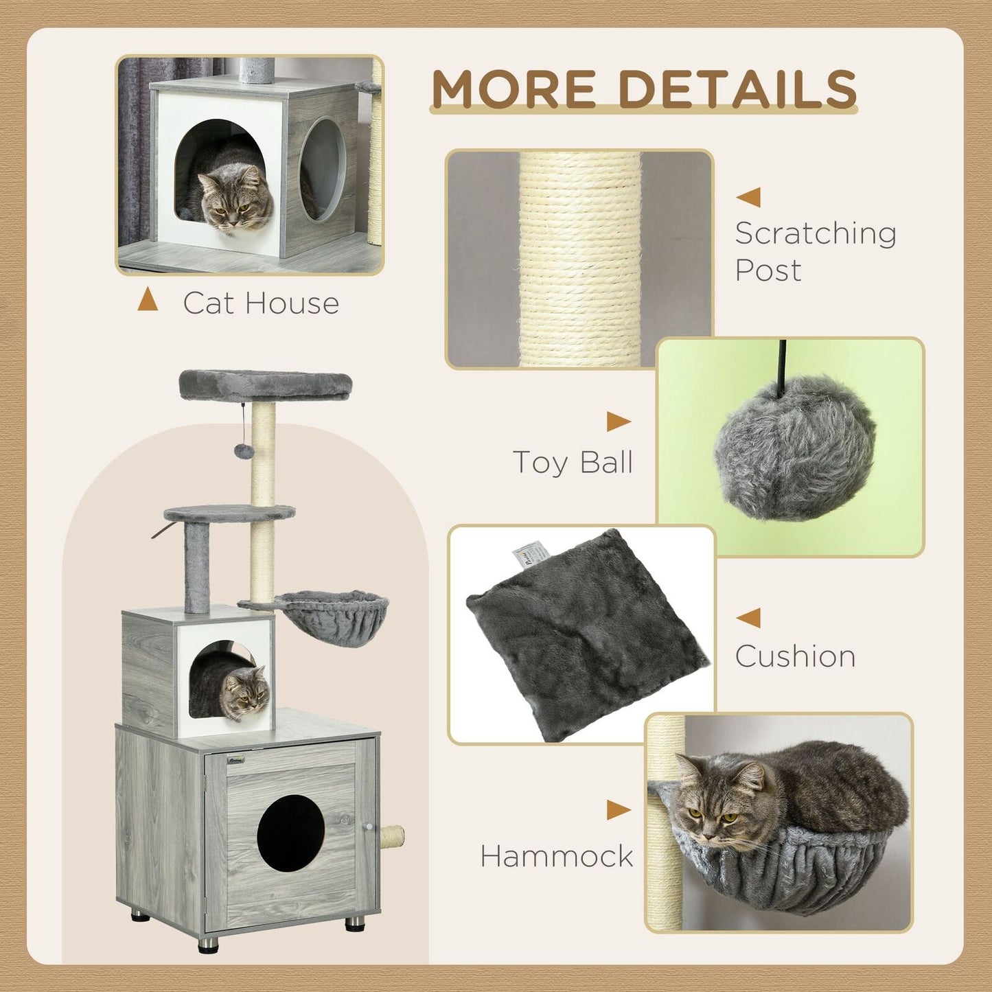 Pawhut Cat Litter Box Enclosure, with Cat House, Bed, Scratching Posts, Platform