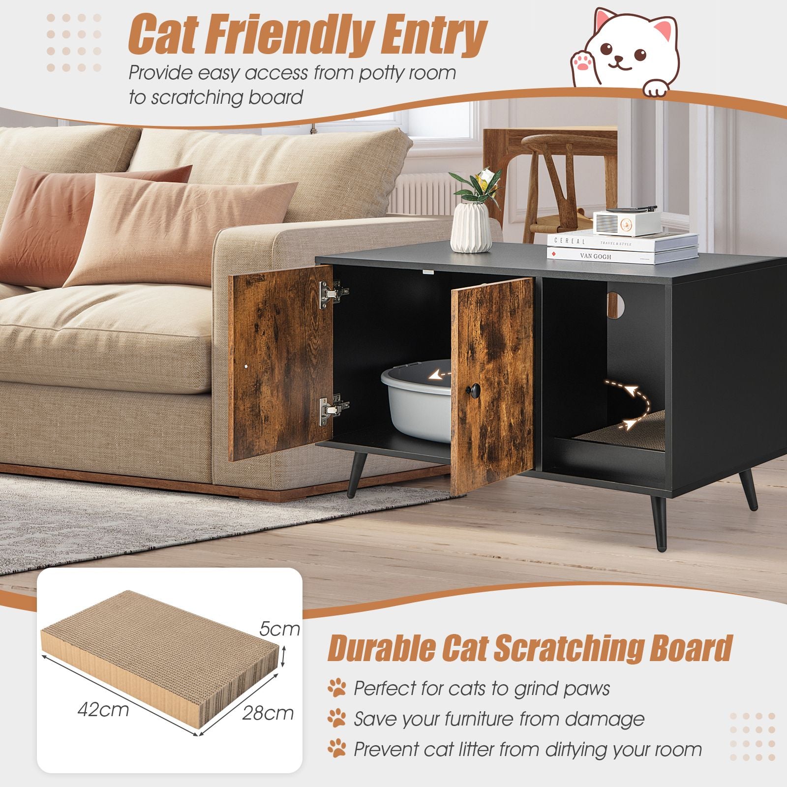 Modern Cat Litter Box Enclosure with Double Door Cabinet