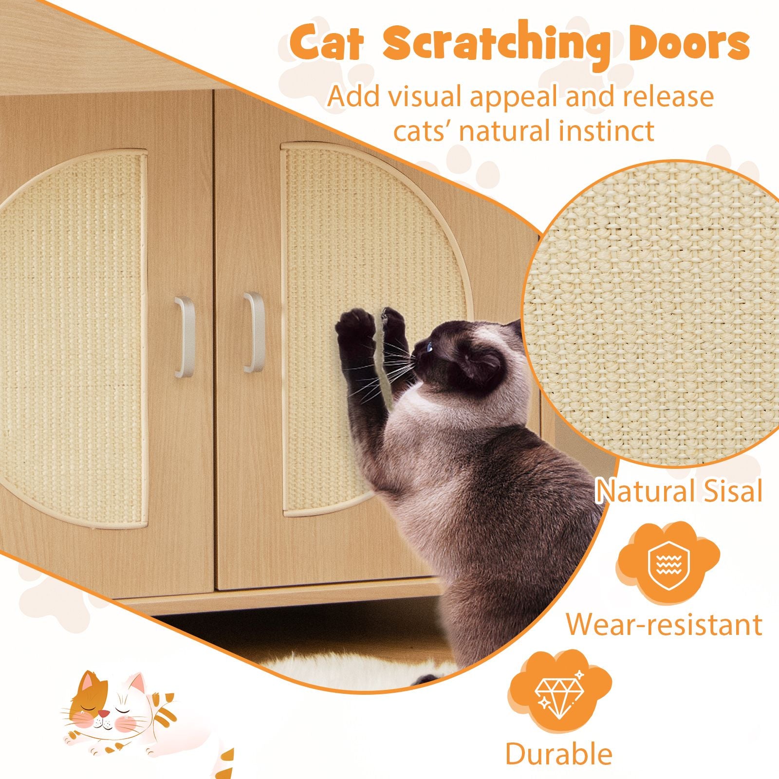 Cat Litter Box Enclosure with Sisal Scratching Doors and Drawer