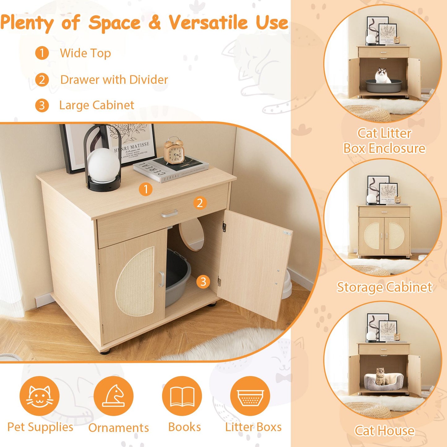 Cat Litter Box Enclosure with Sisal Scratching Doors and Drawer