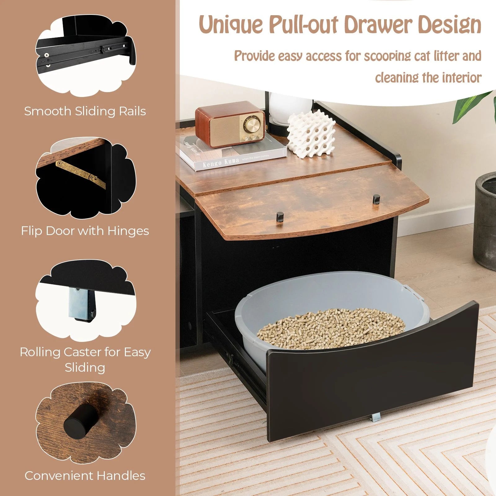 Cat Litter Box Enclosure with Pull-Out Drawer, Rolling Caster and Flip Door