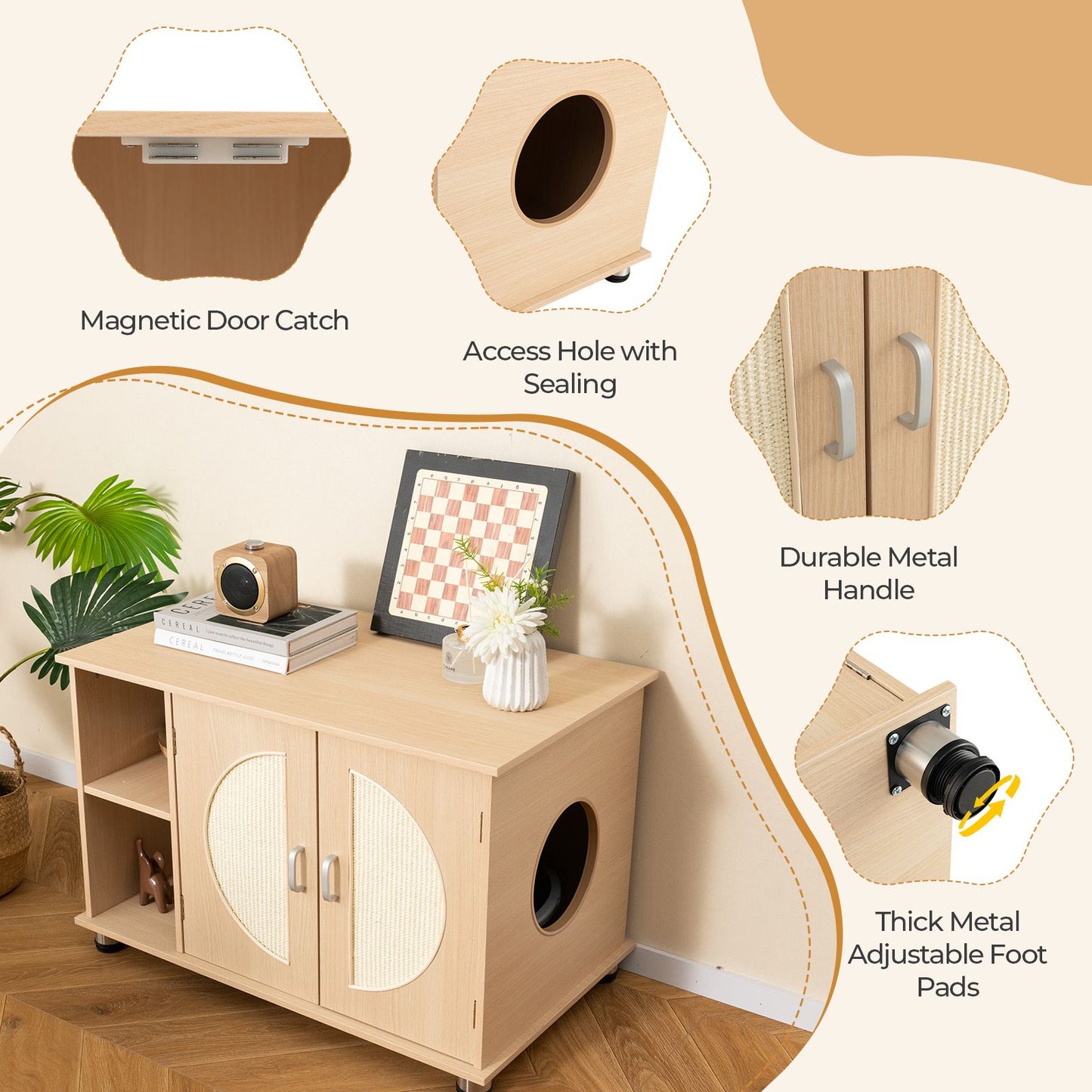 Cat Litter Box Enclosure with Sisal Scratching Doors and Adjustable Metal Feet