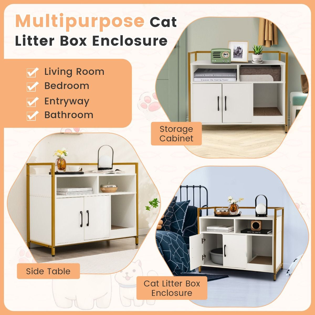 Wooden Cat Litter Box Enclosure with Compartments and Scratching Board