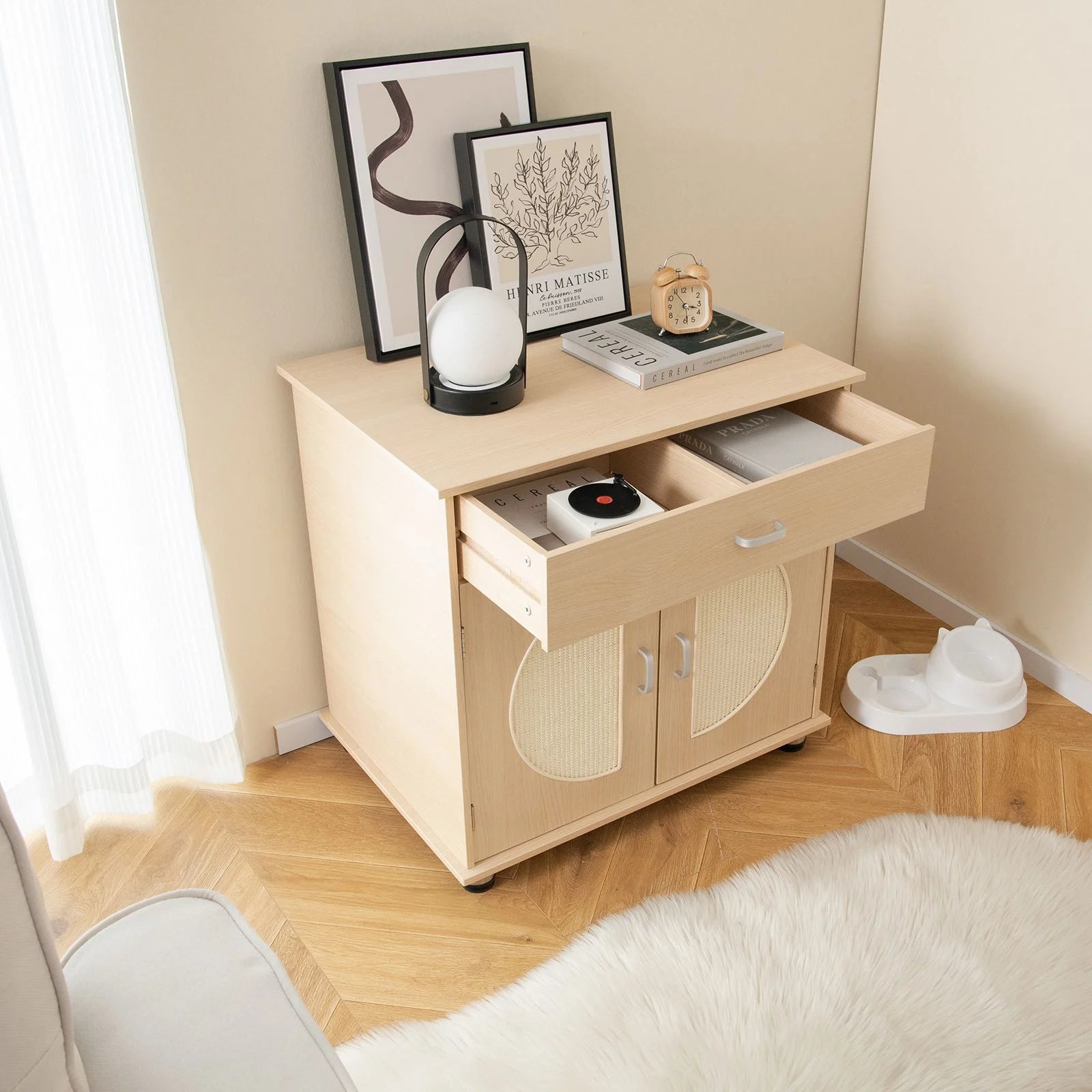 Cat Litter Box Enclosure with Sisal Scratching Doors and Drawer