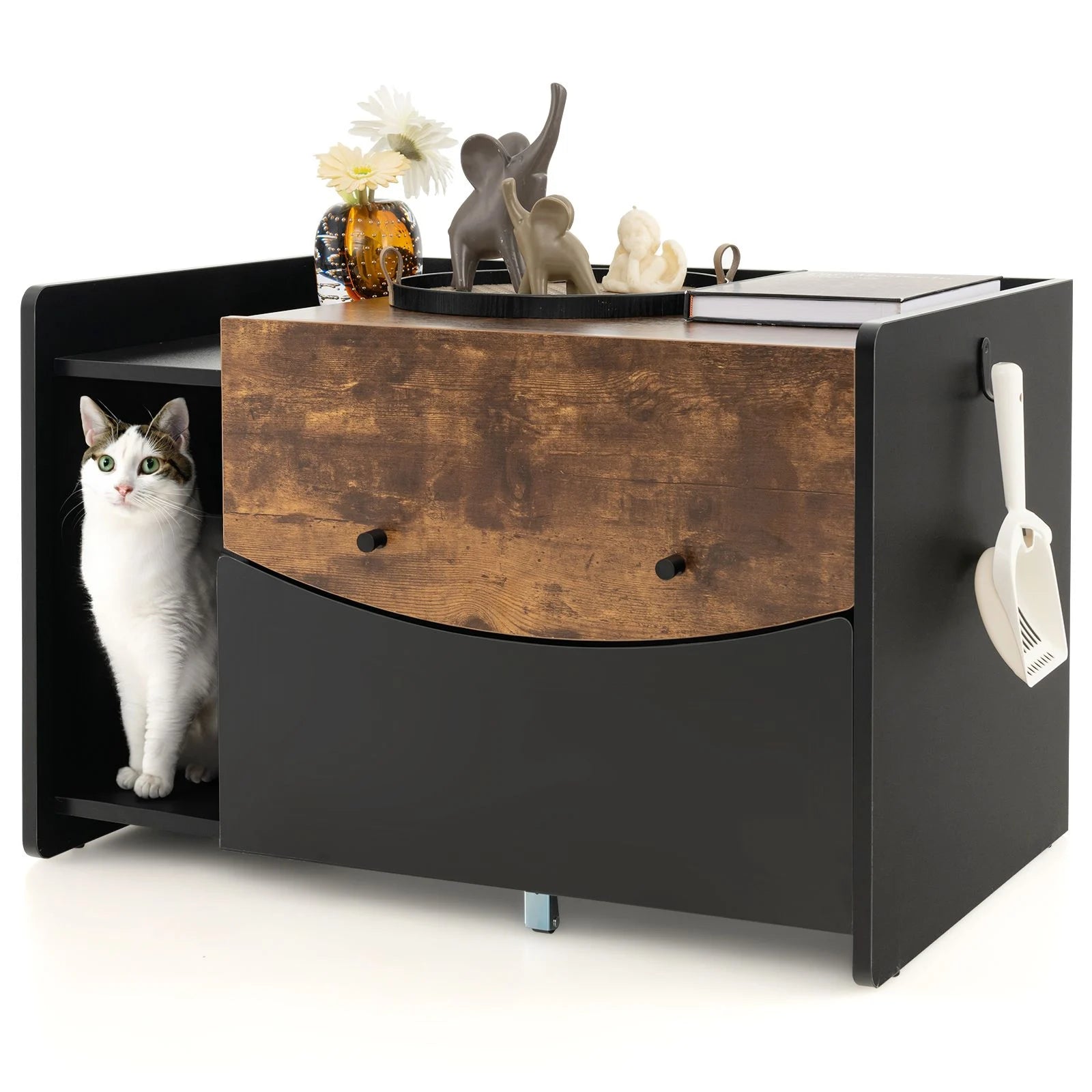 Cat Litter Box Enclosure with Pull-Out Drawer, Rolling Caster and Flip Door