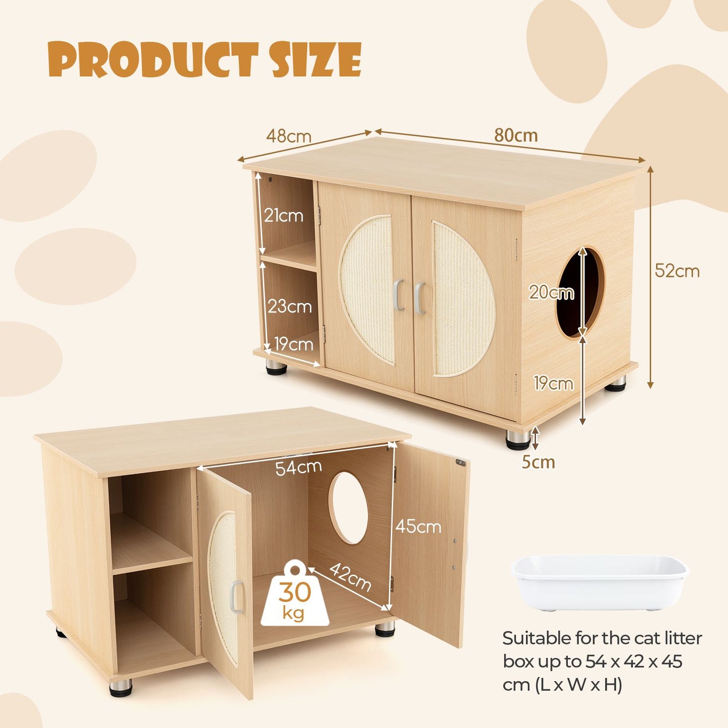 Cat Litter Box Enclosure with Sisal Scratching Doors and Adjustable Metal Feet