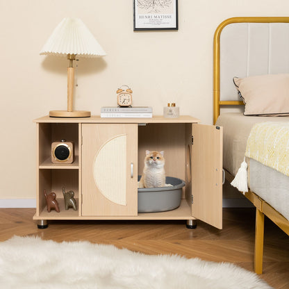 Cat Litter Box Enclosure with Sisal Scratching Doors and Adjustable Metal Feet