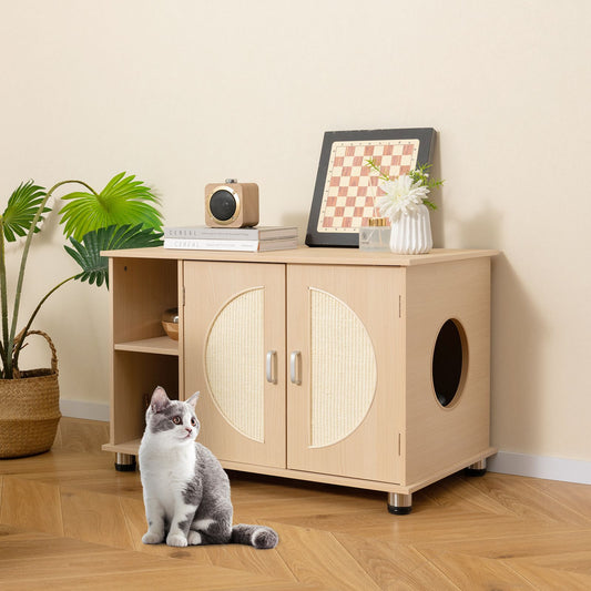 Cat Litter Box Enclosure with Sisal Scratching Doors and Adjustable Metal Feet