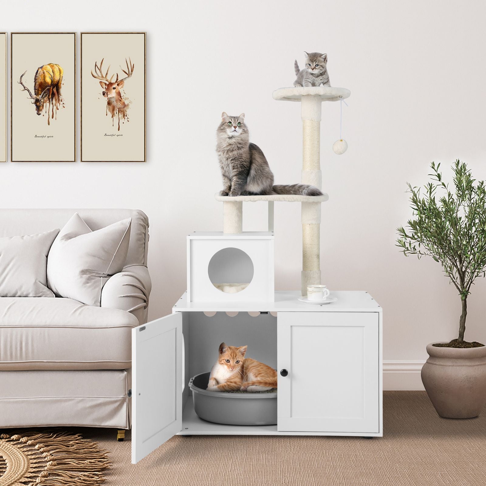 Cat Litter Box Enclosure with Cat Tree and Kitty Condo