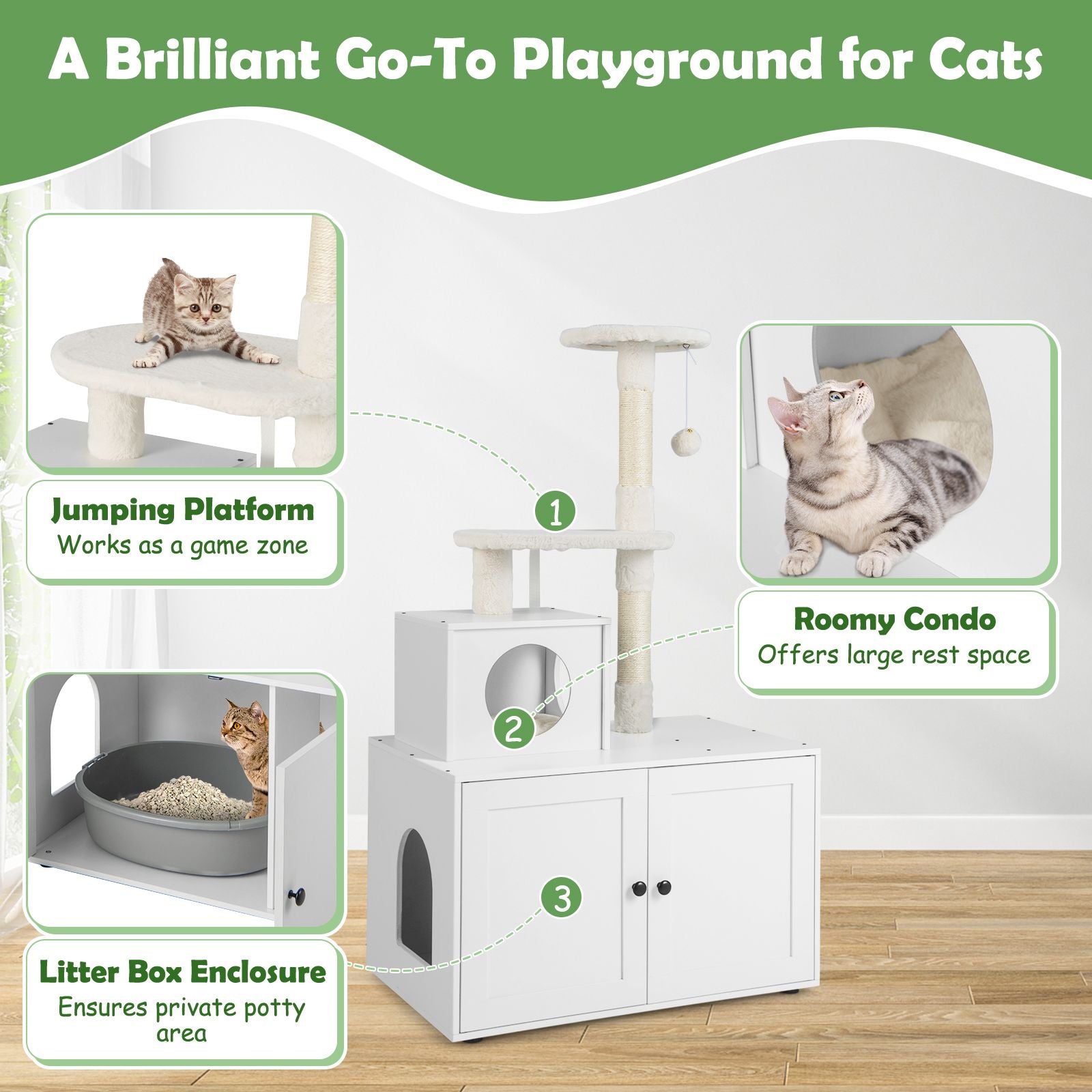 Cat Litter Box Enclosure with Cat Tree and Kitty Condo