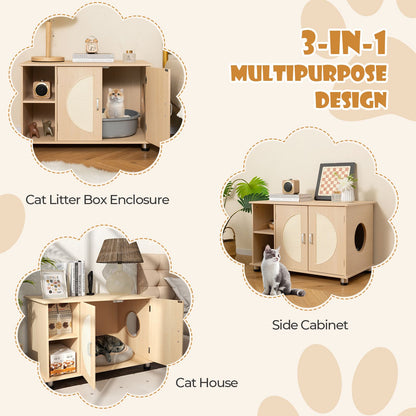 Cat Litter Box Enclosure with Sisal Scratching Doors and Adjustable Metal Feet