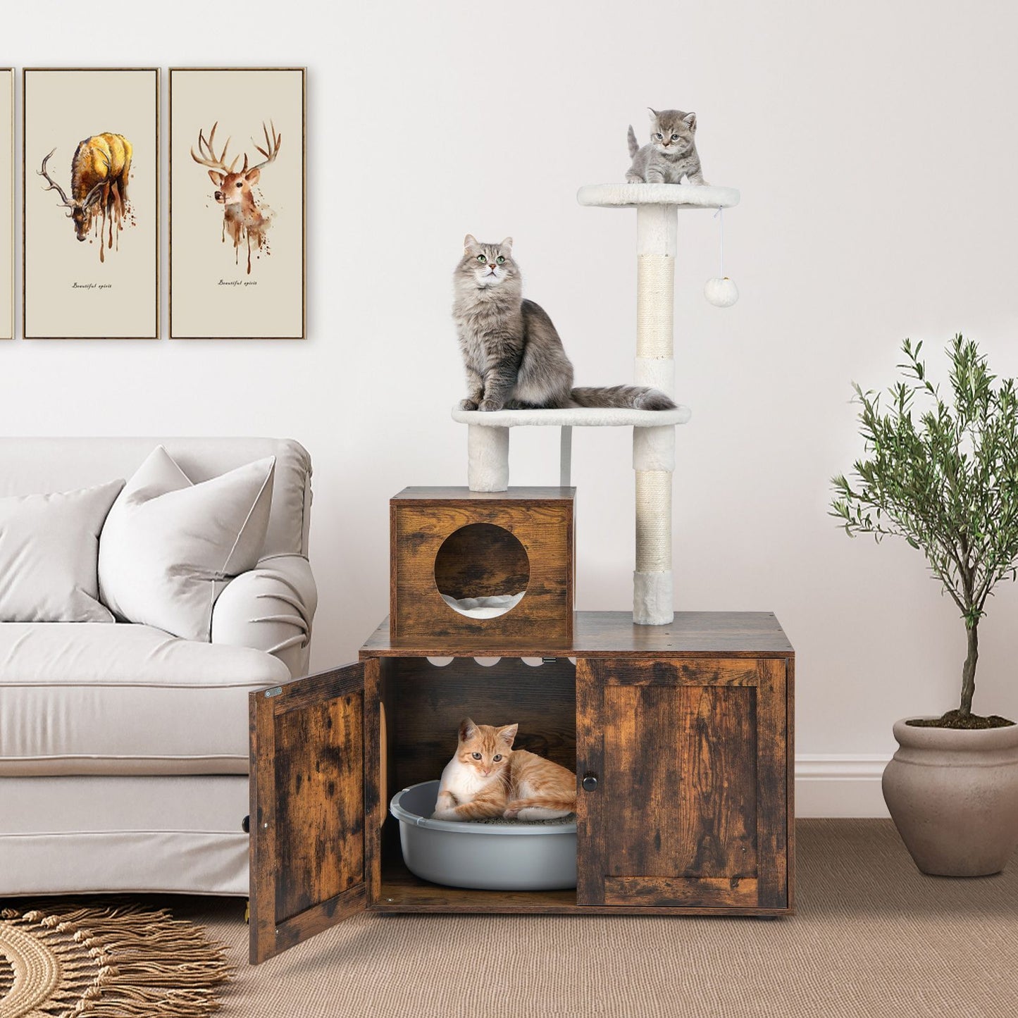 Cat Litter Box Enclosure with Cat Tree and Kitty Condo