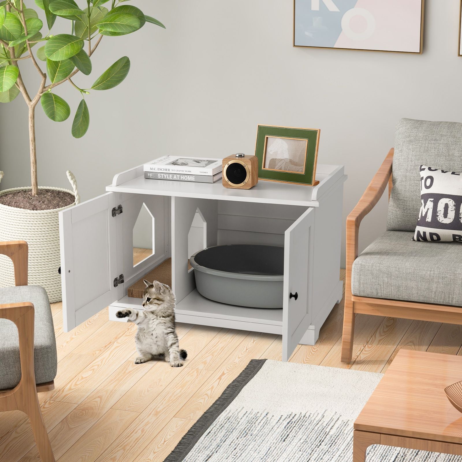 Cat Litter Box Enclosure with Scratching Pad and Adjustable Divider