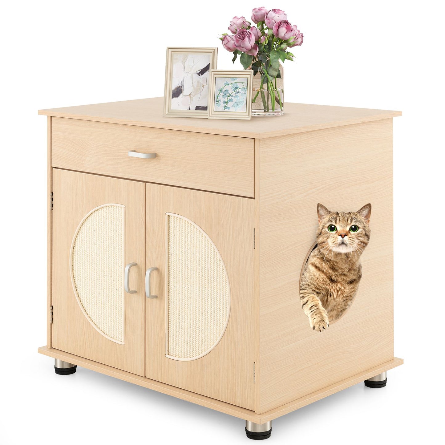 Cat Litter Box Enclosure with Sisal Scratching Doors and Drawer