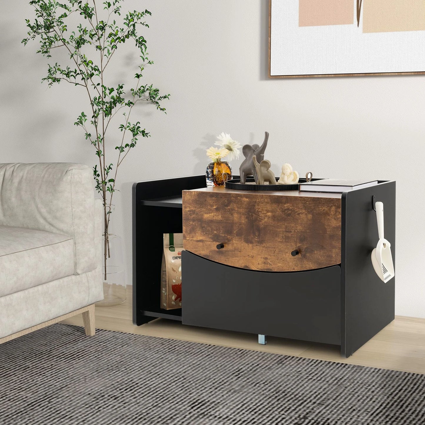 Cat Litter Box Enclosure with Pull-Out Drawer, Rolling Caster and Flip Door