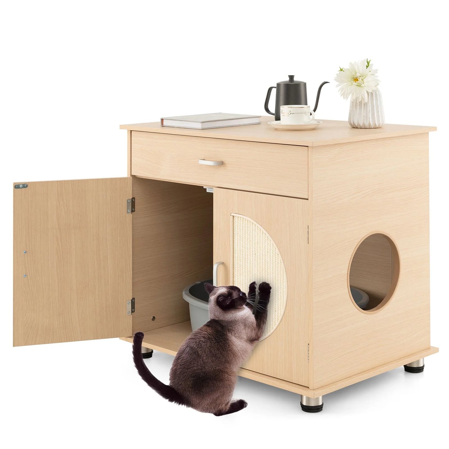 Cat Litter Box Enclosure with Sisal Scratching Doors and Drawer