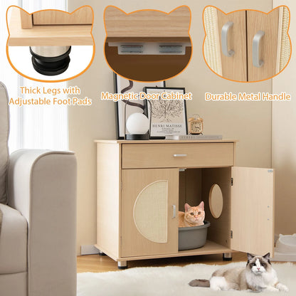 Cat Litter Box Enclosure with Sisal Scratching Doors and Drawer