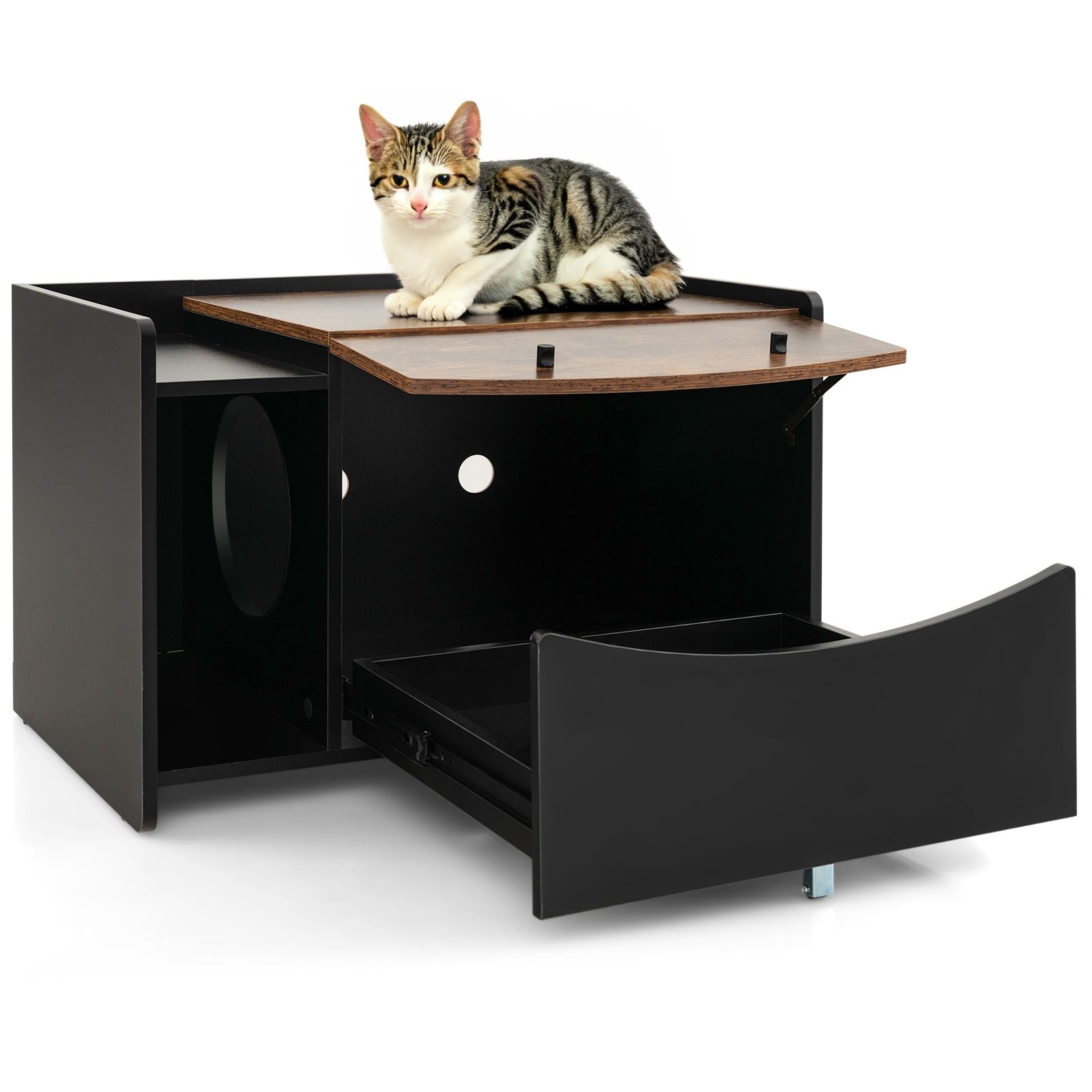 Cat Litter Box Enclosure with Pull-Out Drawer, Rolling Caster and Flip Door